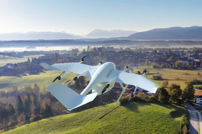 Um drone de entrega de longa distância fabricado pela Wingcopter, um dos parceiros do projeto SUCOM Foto: Wingcopter